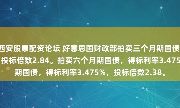 西安股票配资论坛 好意思国财政部拍卖三个月期国债，得标利率3.540%，投标倍数2.84。拍卖六个月期国债，得标利率3.475%，投标倍数2.38。